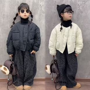 潮酷女童韩范短款圆领面包棉服外套加绒豹纹裤时尚百搭超洋气套装