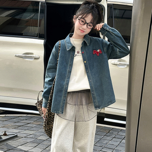 韩系女童宽松时尚简约复古卡通小马牛仔衬衫外套潮中大童春季新款