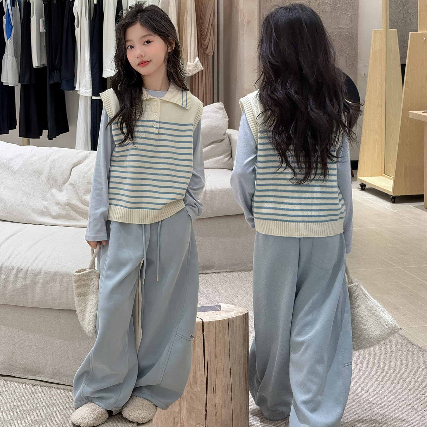 女童毛衣背心打底衫卫裤三件套