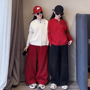 女童慵懒风小熊耳朵连帽软糯毛衣开衫超火烫钻一体绒休闲卫裤套装