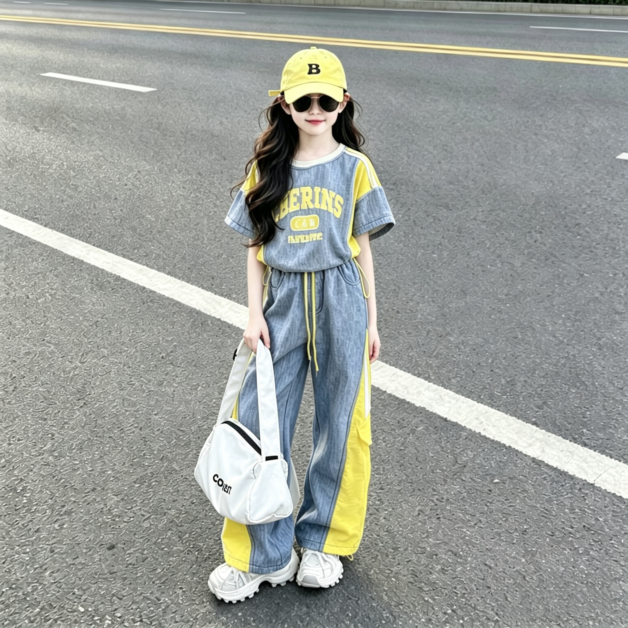 女童夏季运动套装设计感牛仔拼接美式字母短袖工装裤高街两件套潮