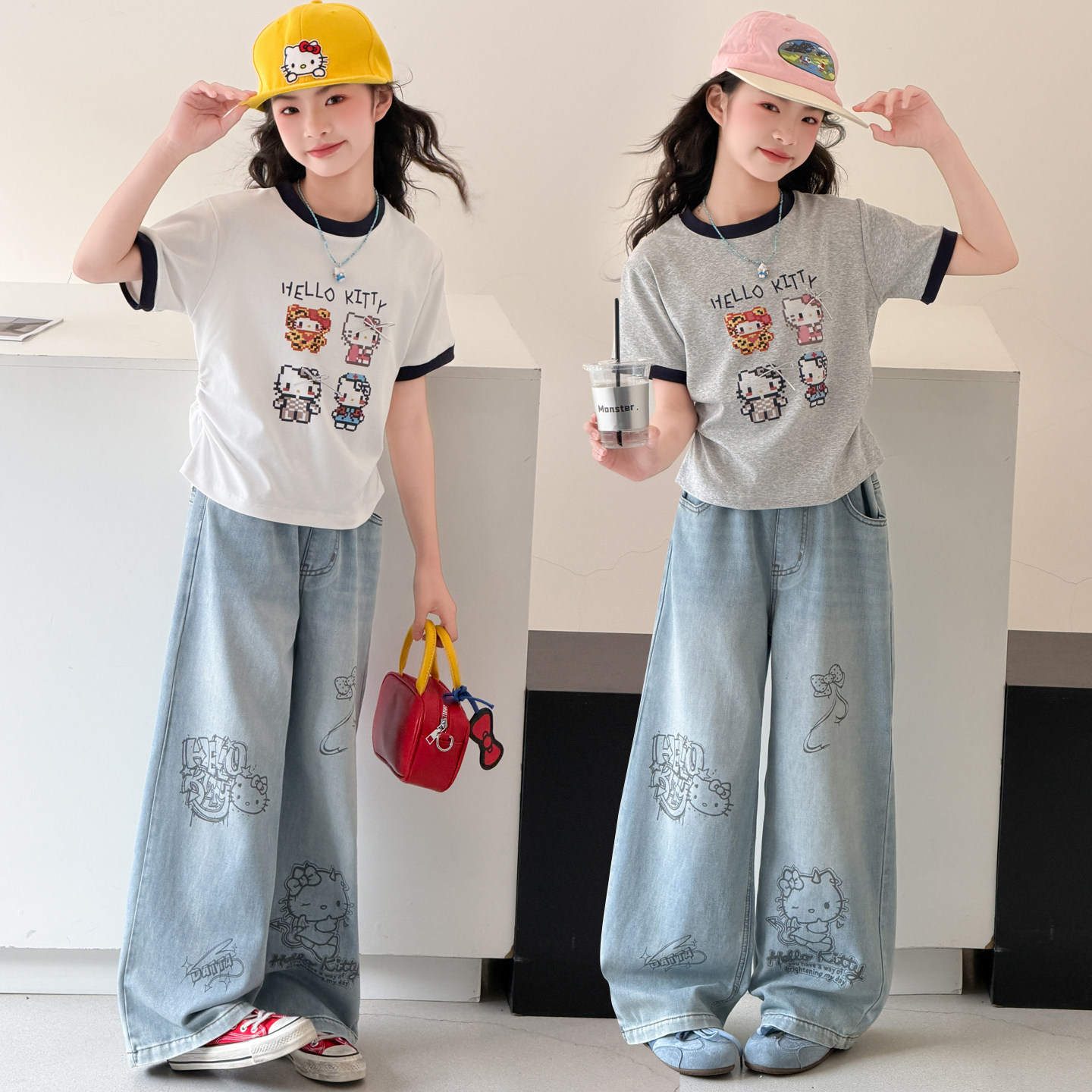 女童猫咪印花短袖牛仔裤套装