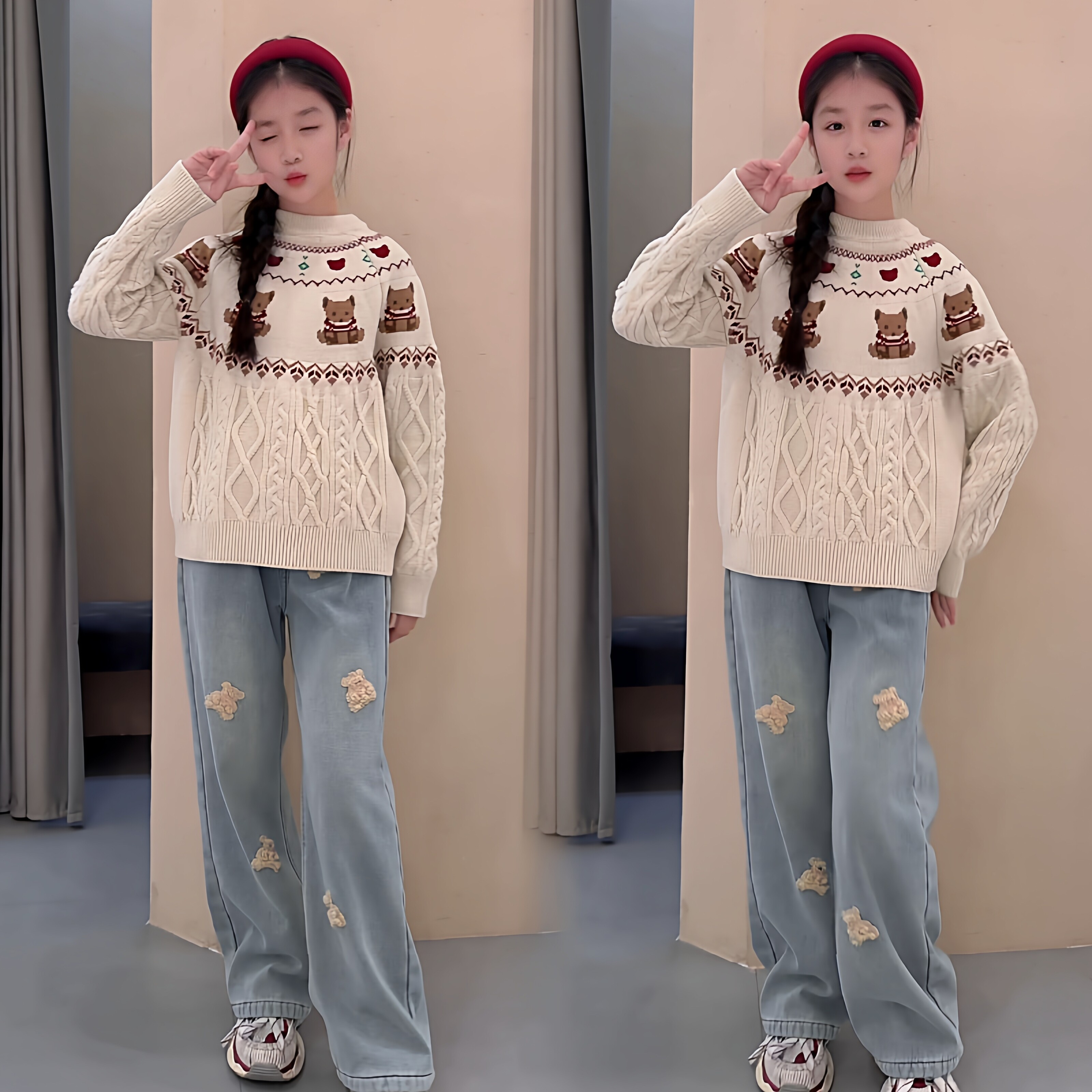 女童卡通小熊提花圣诞氛围感圆领毛衣刺绣牛仔阔腿裤洋气套装韩版