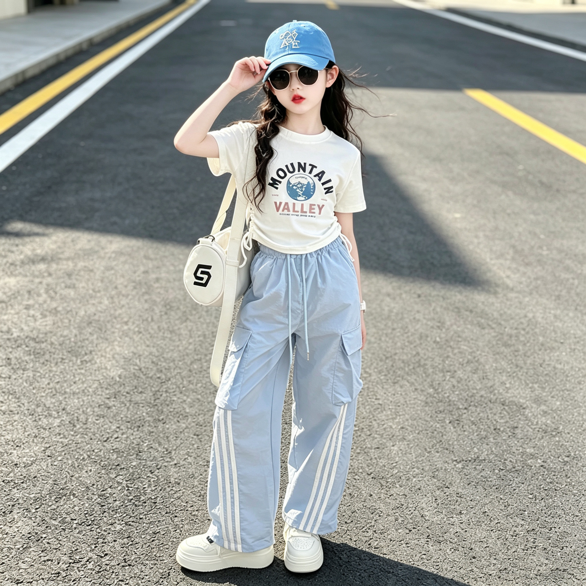 夏季女童爵士舞套装中大童美式字母短袖多巴胺休闲工装裤两件套潮
