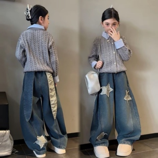 女童学院风保暖毛衣针织开衫潮酷设计感美式加绒牛仔阔腿裤冬套装