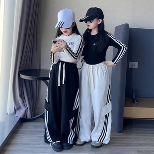 女童潮牌抽绳短款字母修身打底衫休闲拉条工装弯刀裤爵士舞套装韩