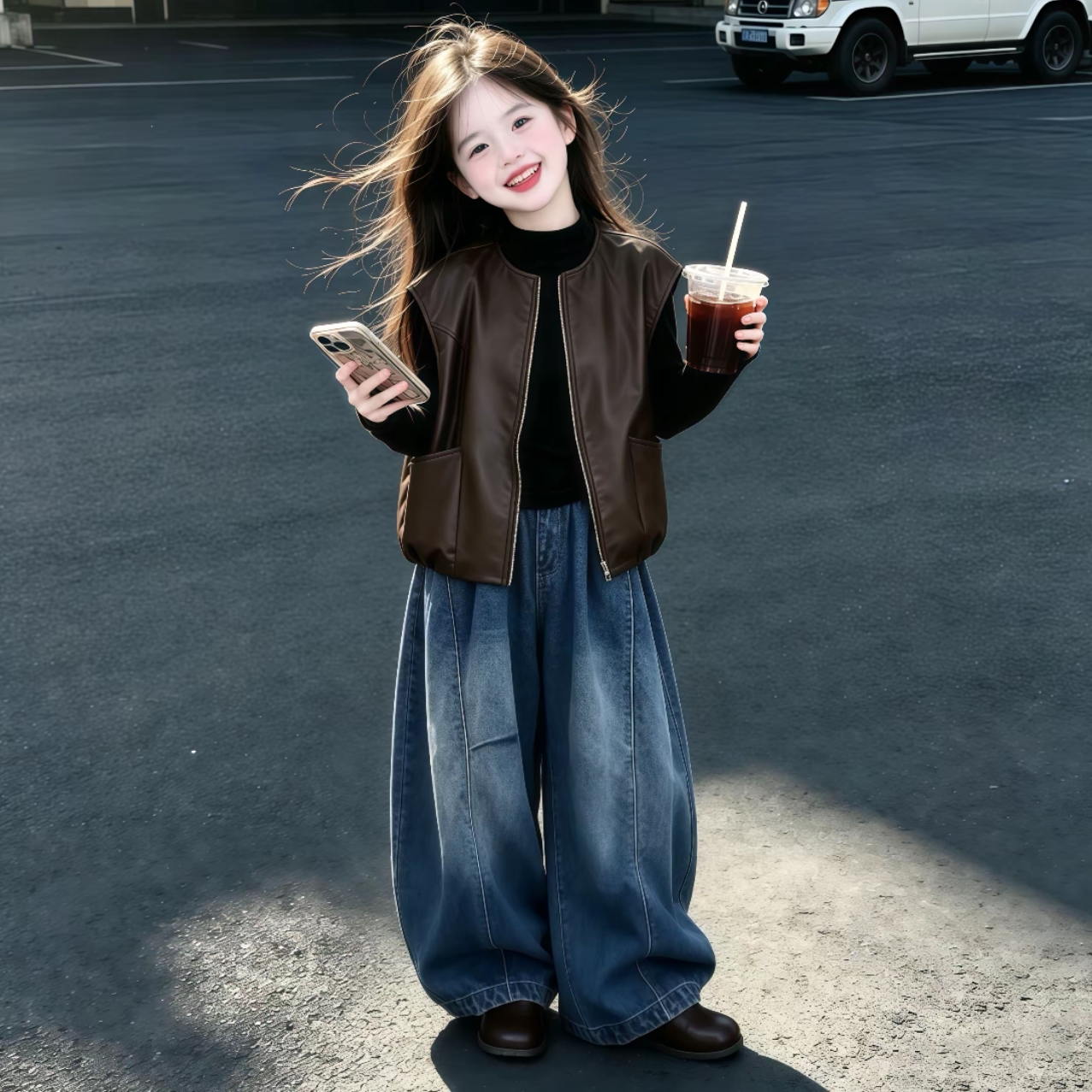 女童复古马甲打底衫弯刀裤三件套