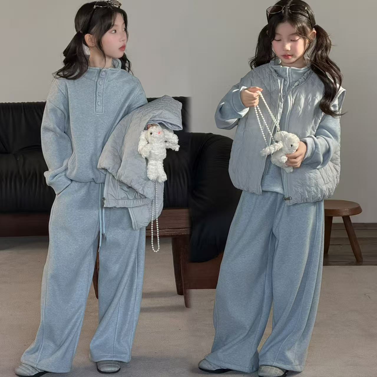 女童马甲立领卫衣阔腿裤三件套