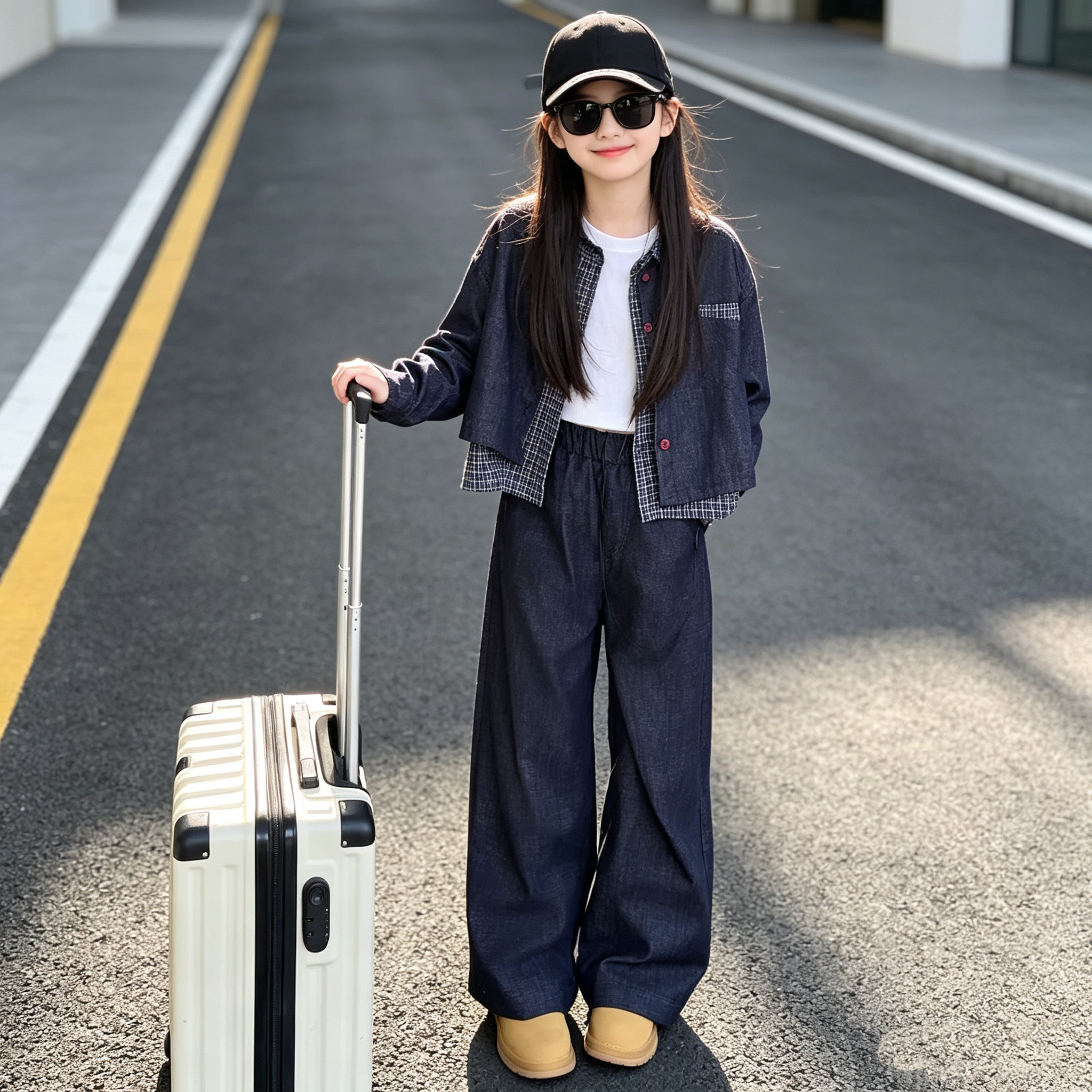 女童格纹拼接牛仔外套阔腿裤套装