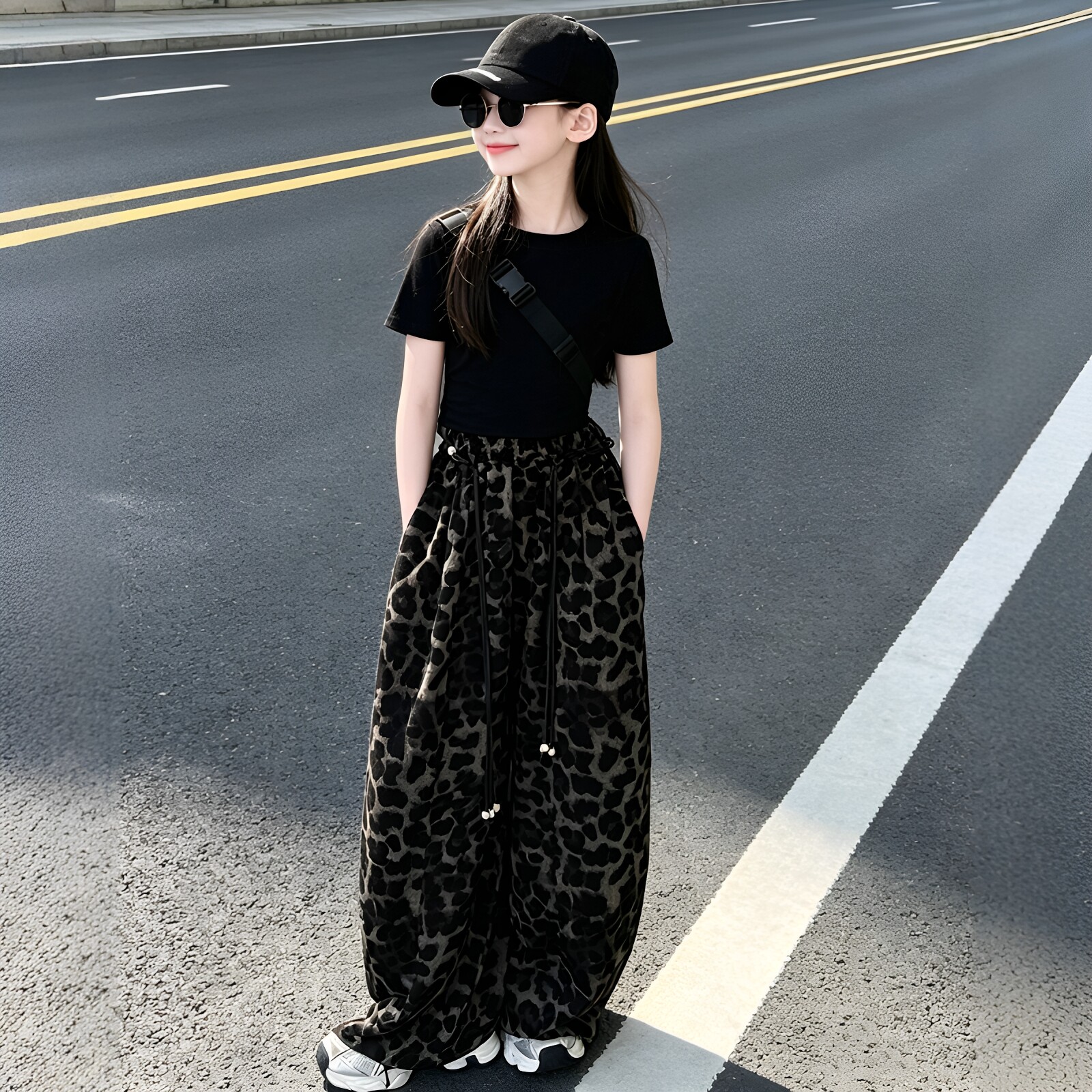 女童短袖豹纹阔腿裤时尚套装