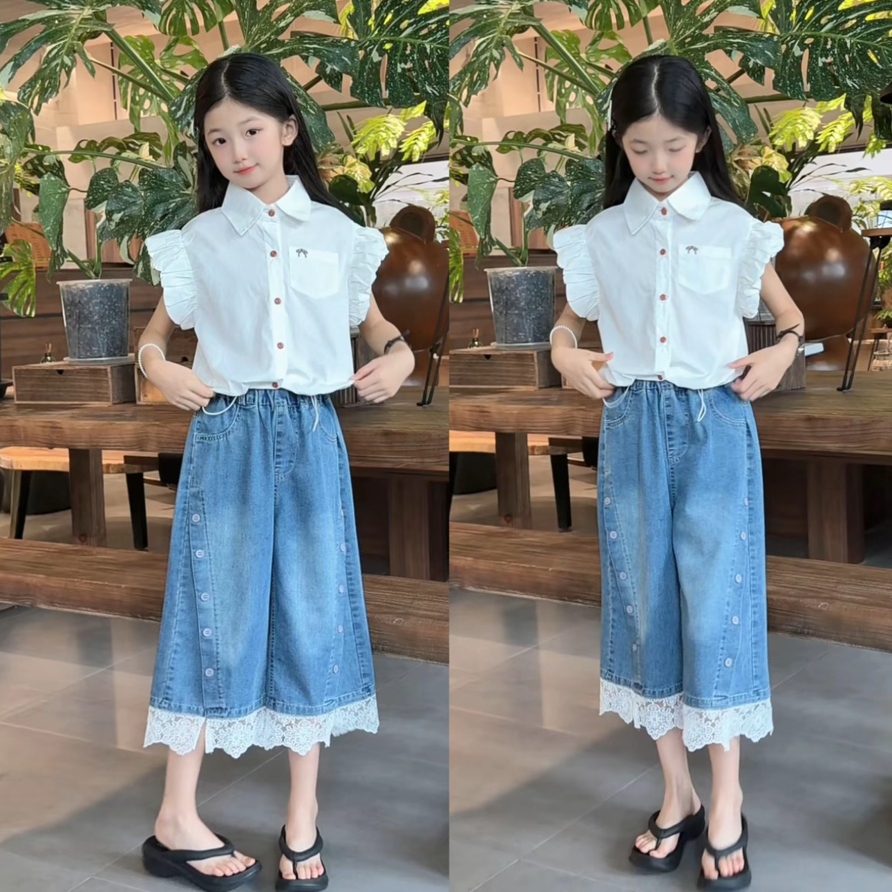 女童花边牛仔七分裤无袖衬衫套装