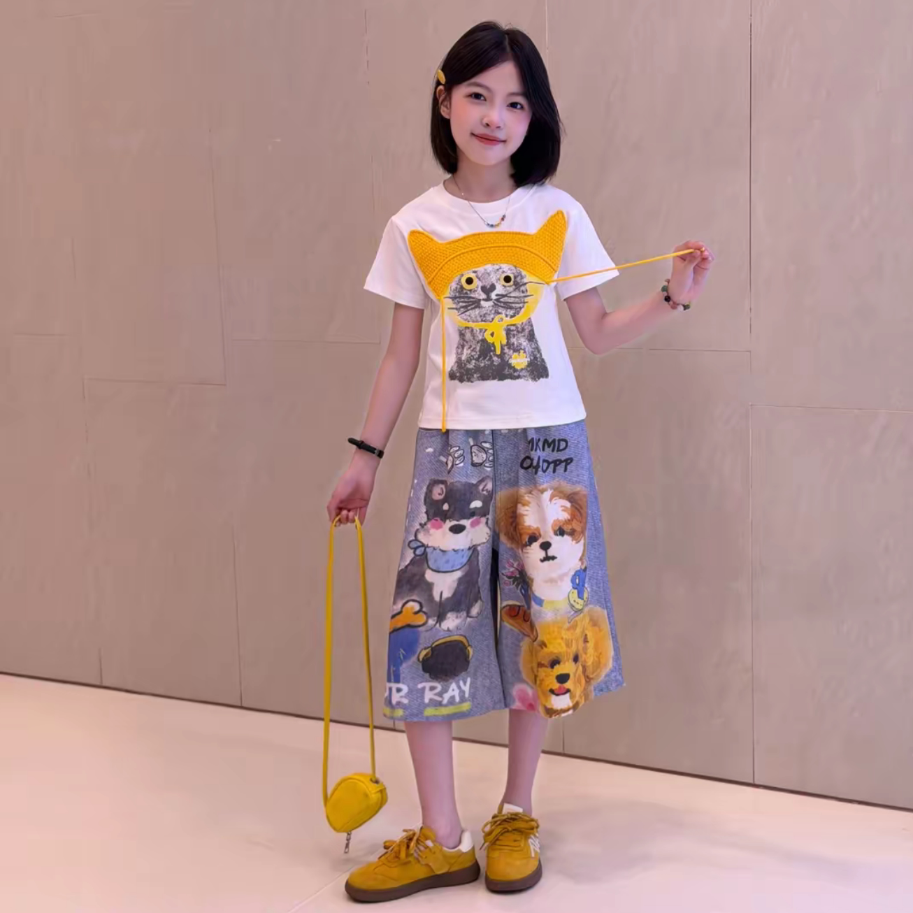 女童猫咪短袖阔腿七分牛仔裤套装
