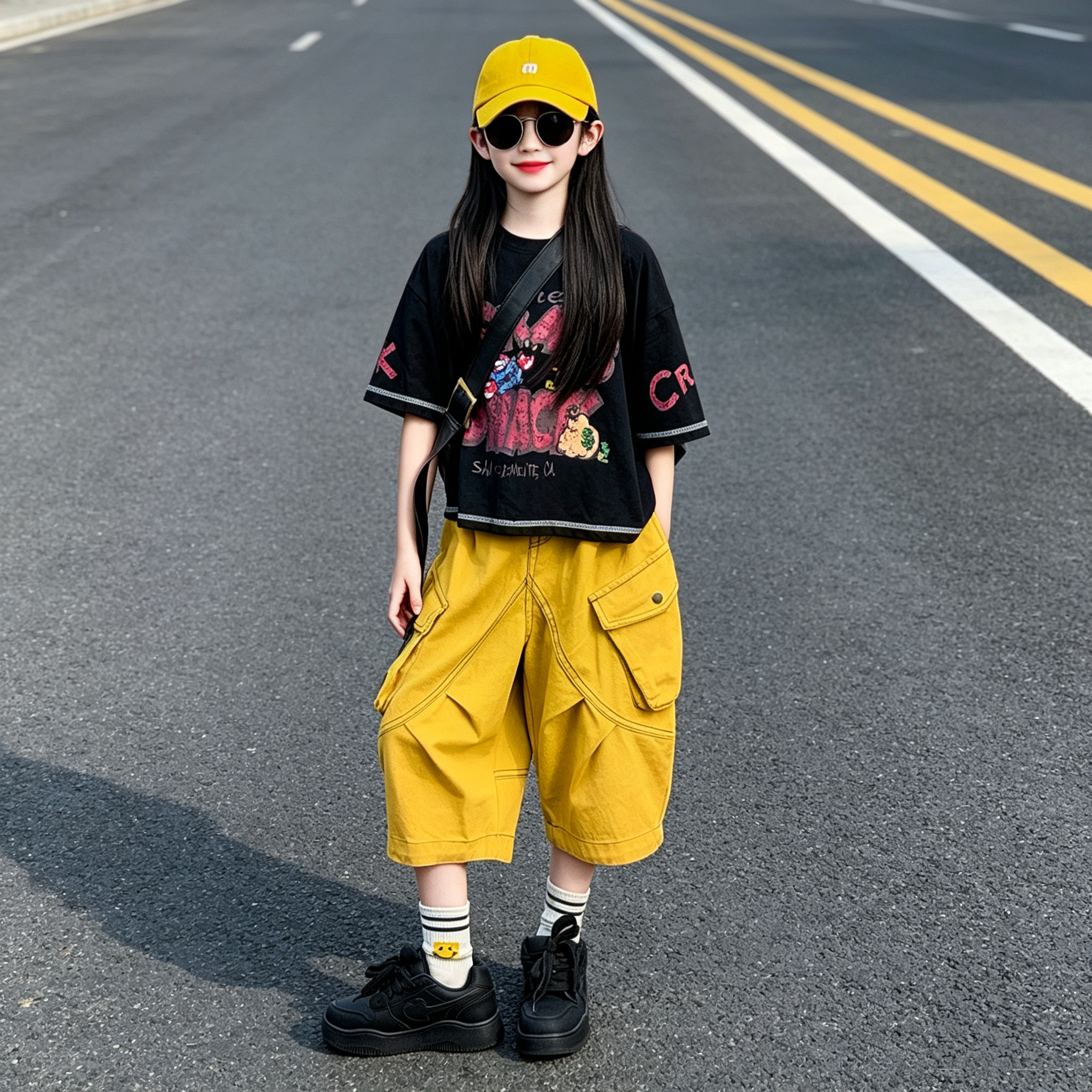 美式休闲夏季薄款设计感弯刀拼接工装休闲短裤女童印花短袖套装潮
