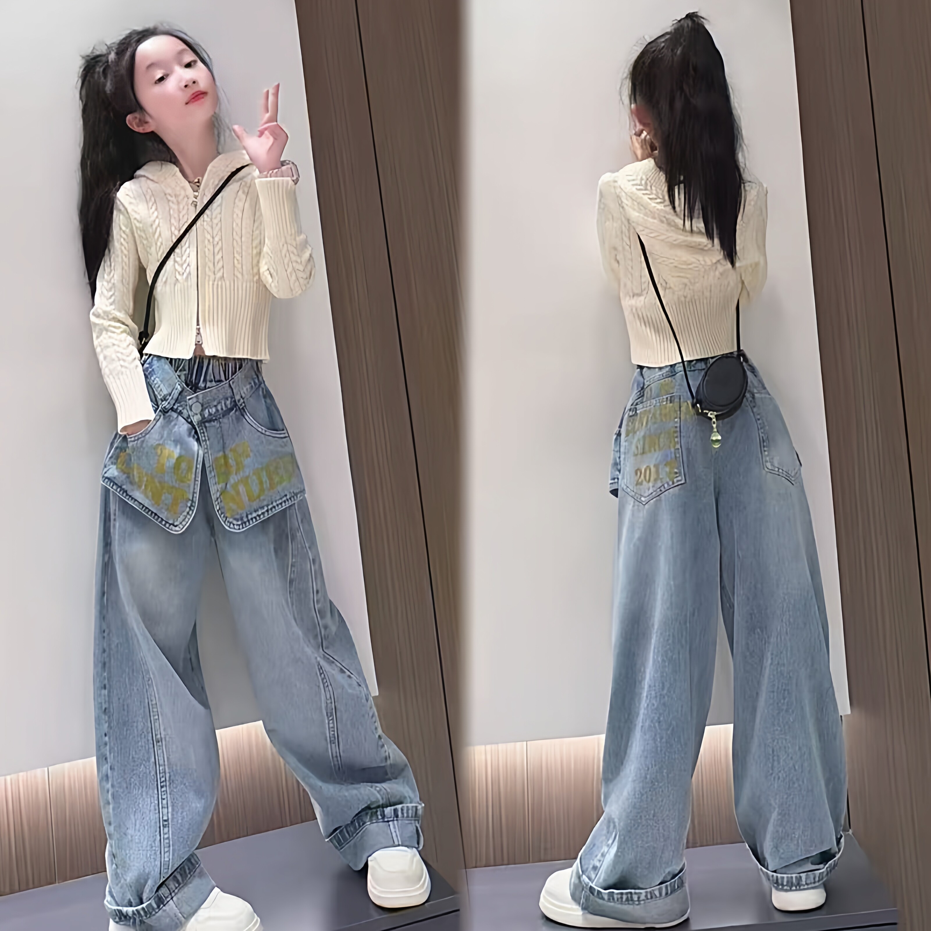女童麻花毛衣拉链开衫牛仔裤套装