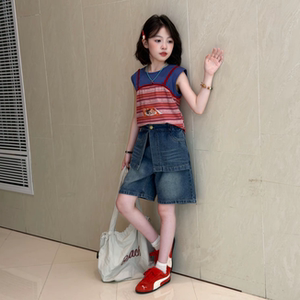 女童针织条纹背心套装牛仔中裤