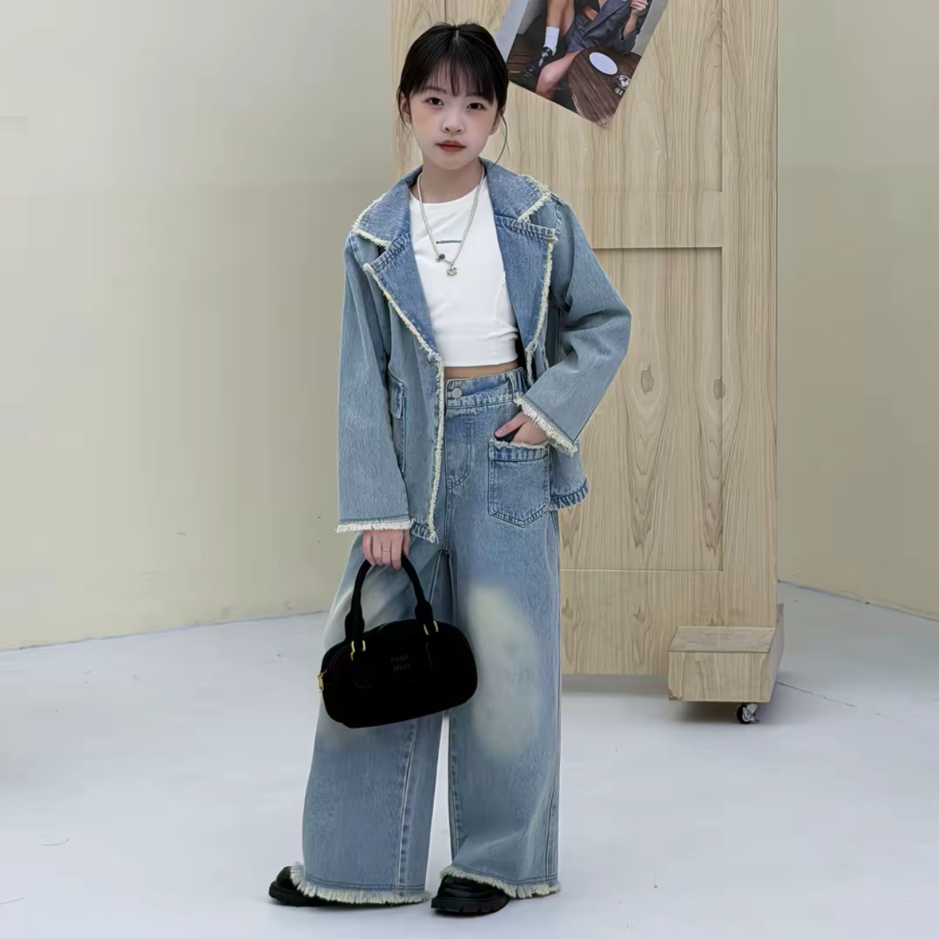 女童毛边西装牛仔外套阔腿裤套装