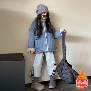 女童时尚港味复古加绒保暖牛仔外套休闲束脚运动卫裤洋气两件套潮