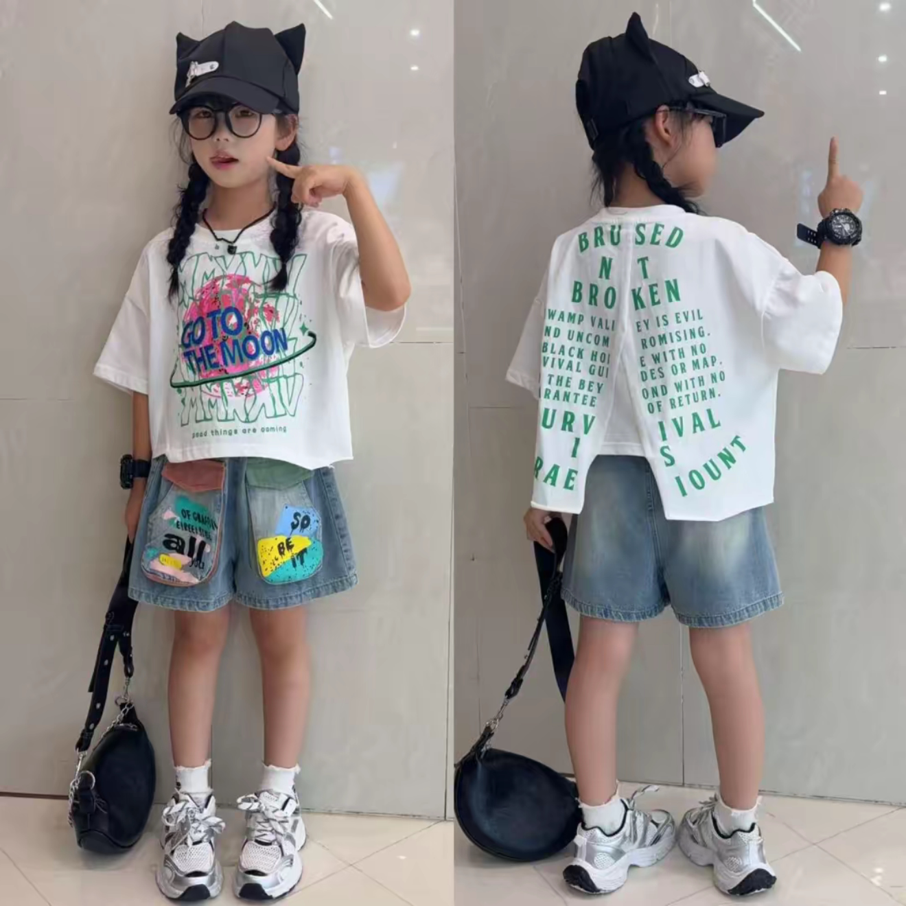 女童2026夏季新款不规则字母印花短袖韩版立体口袋牛仔短裤套装潮