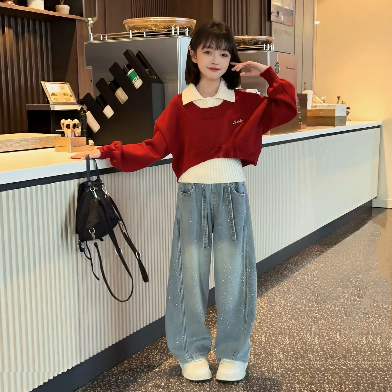 女童设计感超好看叠穿POLO领红色衣时尚烫钻满天星牛仔裤洋气套装