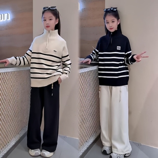韩系气质女童加厚半拉链条纹高领毛衣中大童软糯休闲保暖针织衫潮