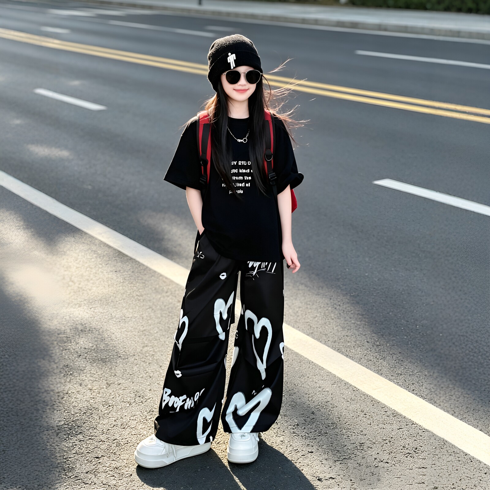 女童爱心涂鸦工装裤字母短袖套装