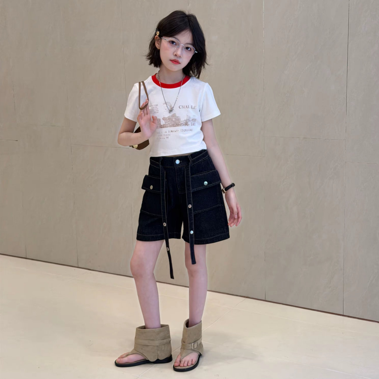 日系工装牛仔短裤女童2026夏季美式修身短袖高腰多口袋五分裤套装