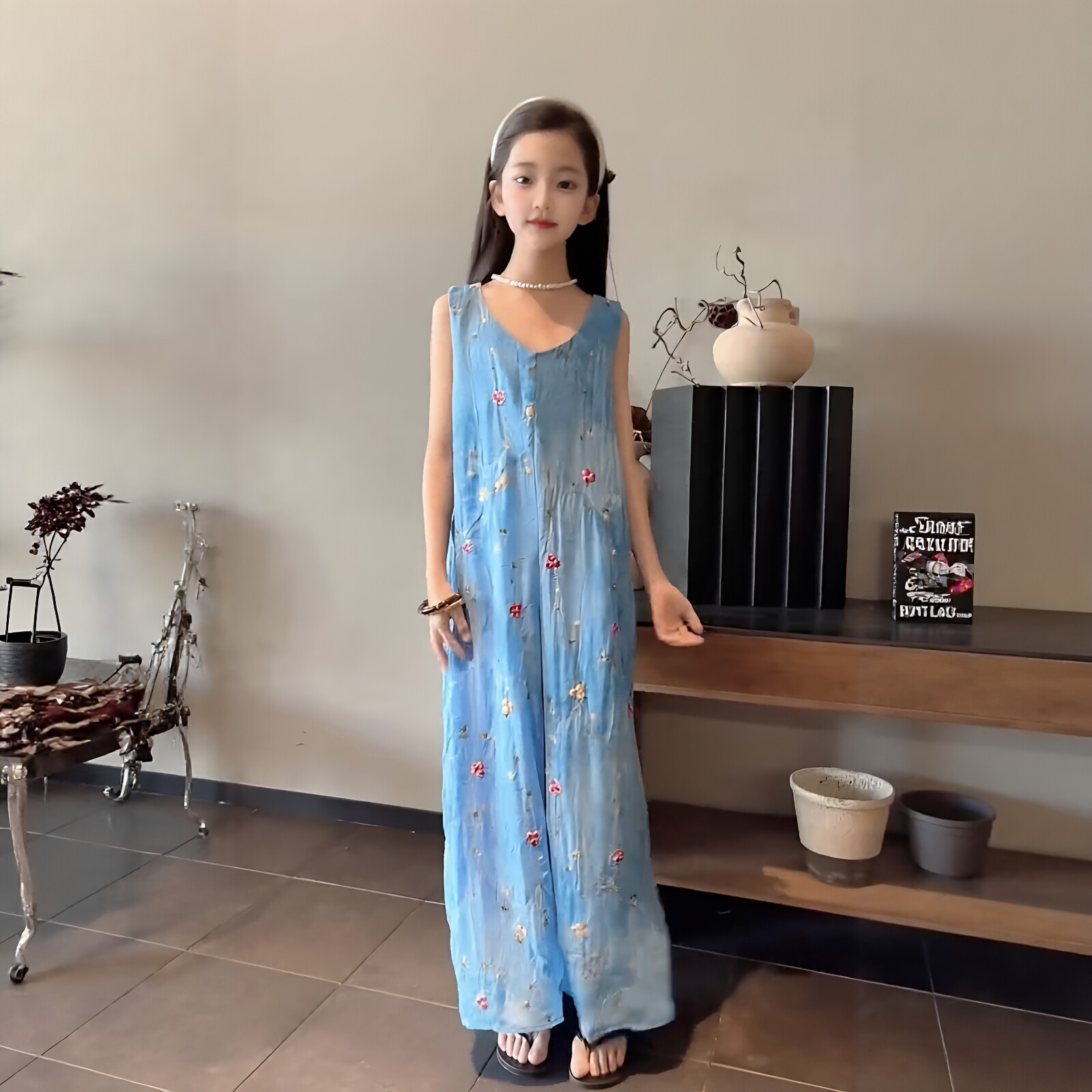 女童海边度假风花朵刺绣连体裤