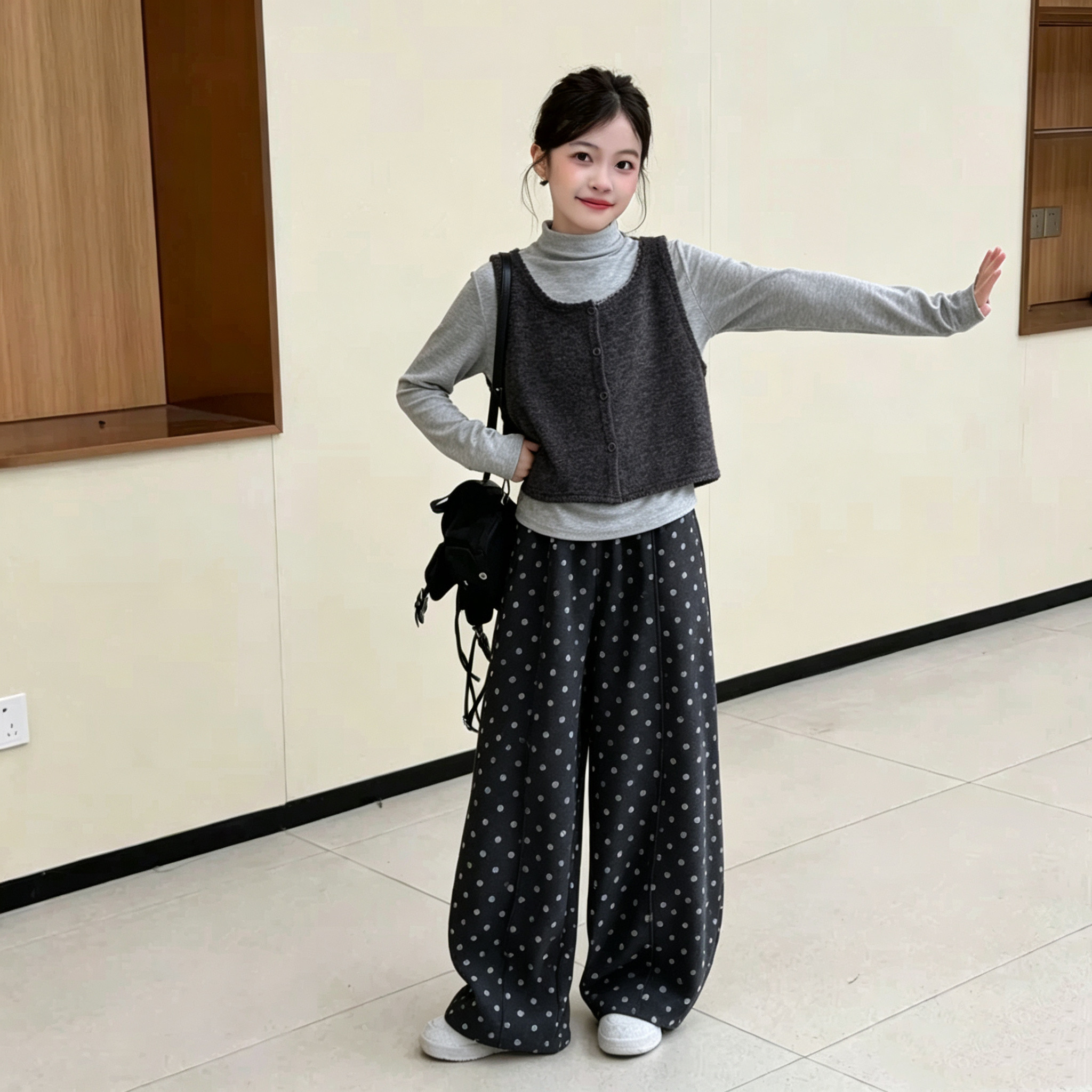 女童背心打底衫波点阔腿裤三件套