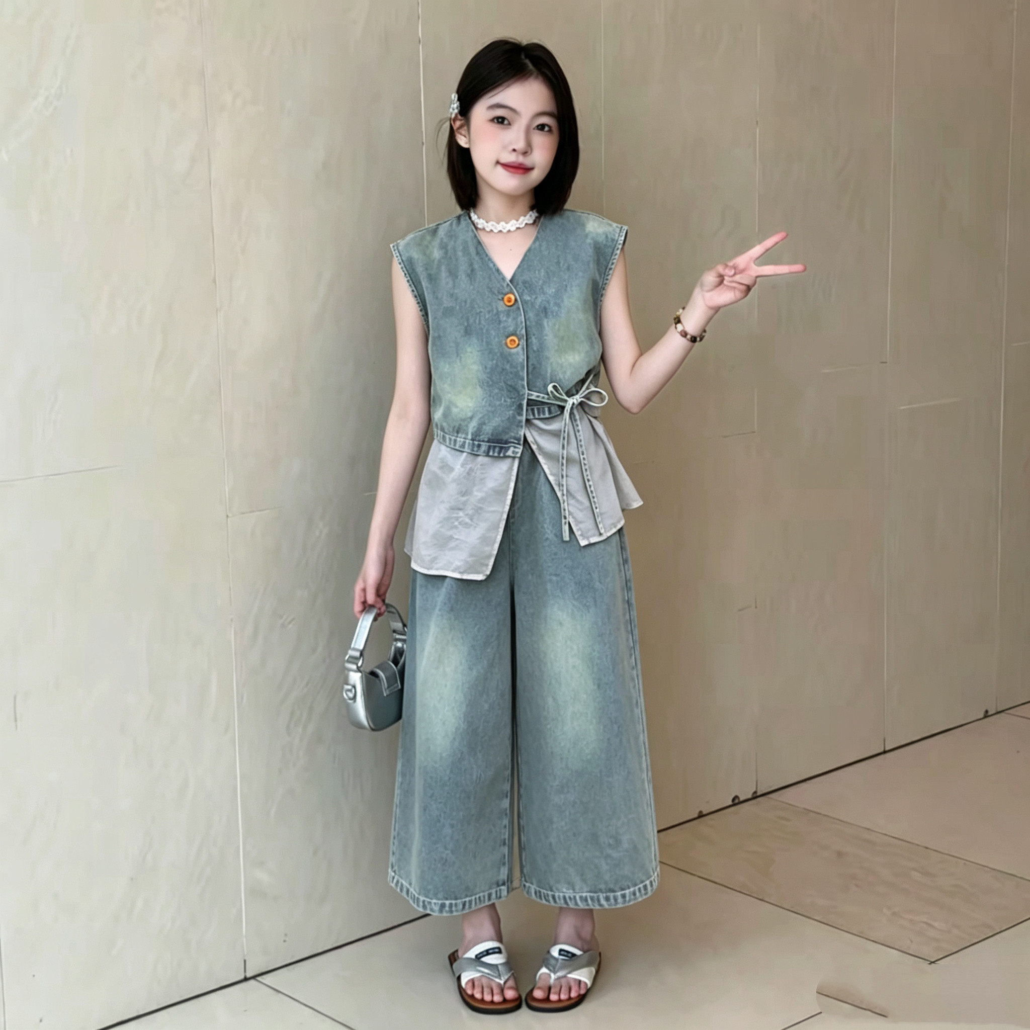 女童港风复古牛仔马甲阔腿裤
