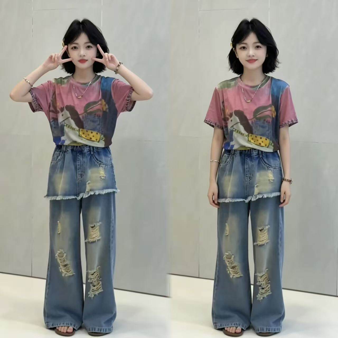 女童屁帘破洞直筒裤小马短袖套装