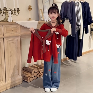女童超好看卡通KT猫玩偶海军领学院风毛衣开衫刺绣牛仔直筒裤套装