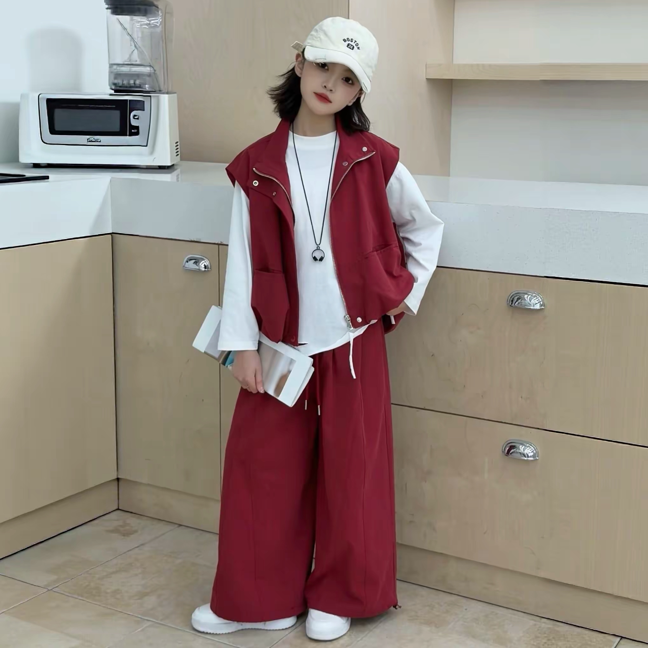 女童春季新款韩系工装马甲叠穿破洞打底衫宽松阔腿裤休闲三件套潮