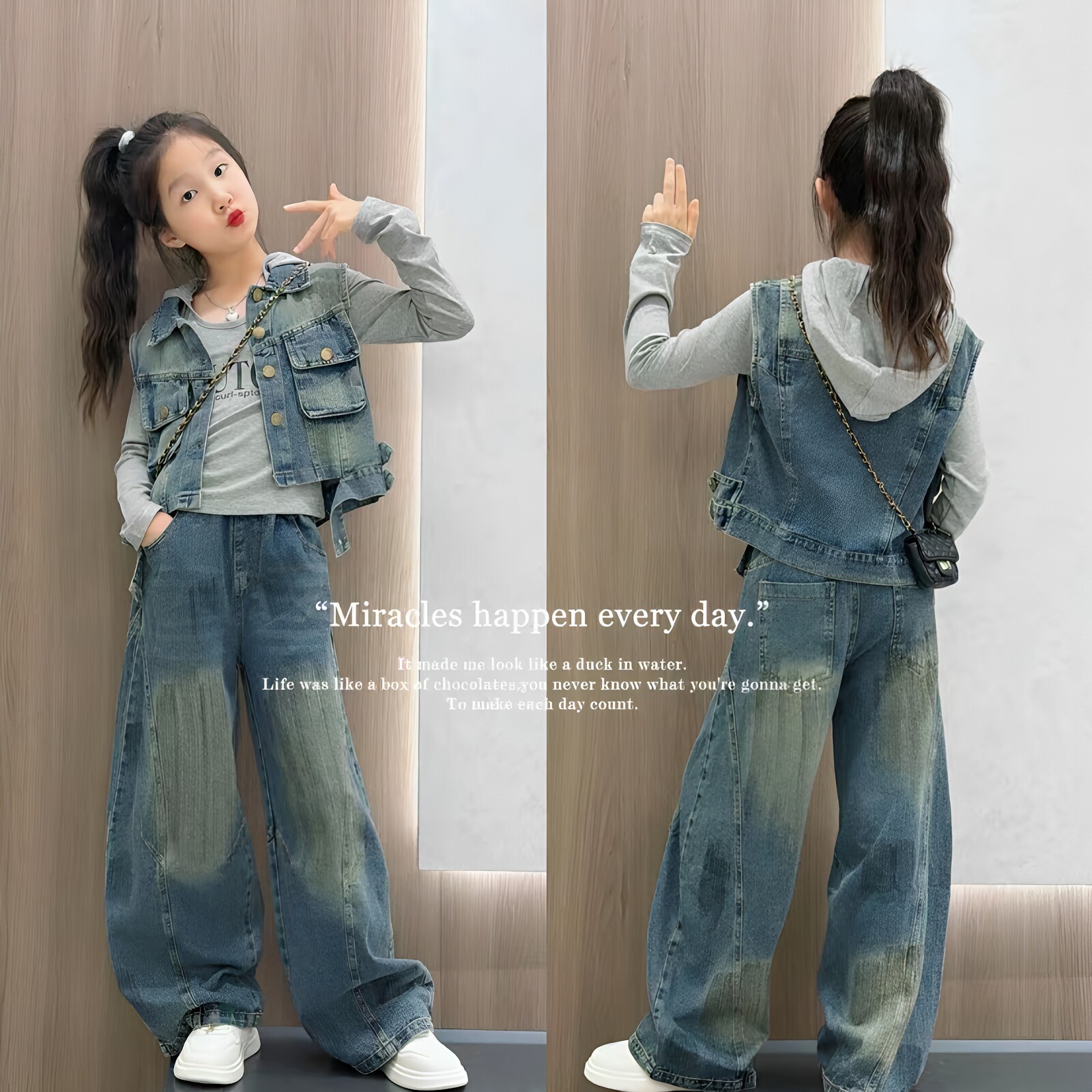 女童牛仔马甲打底衫牛仔裤三件套