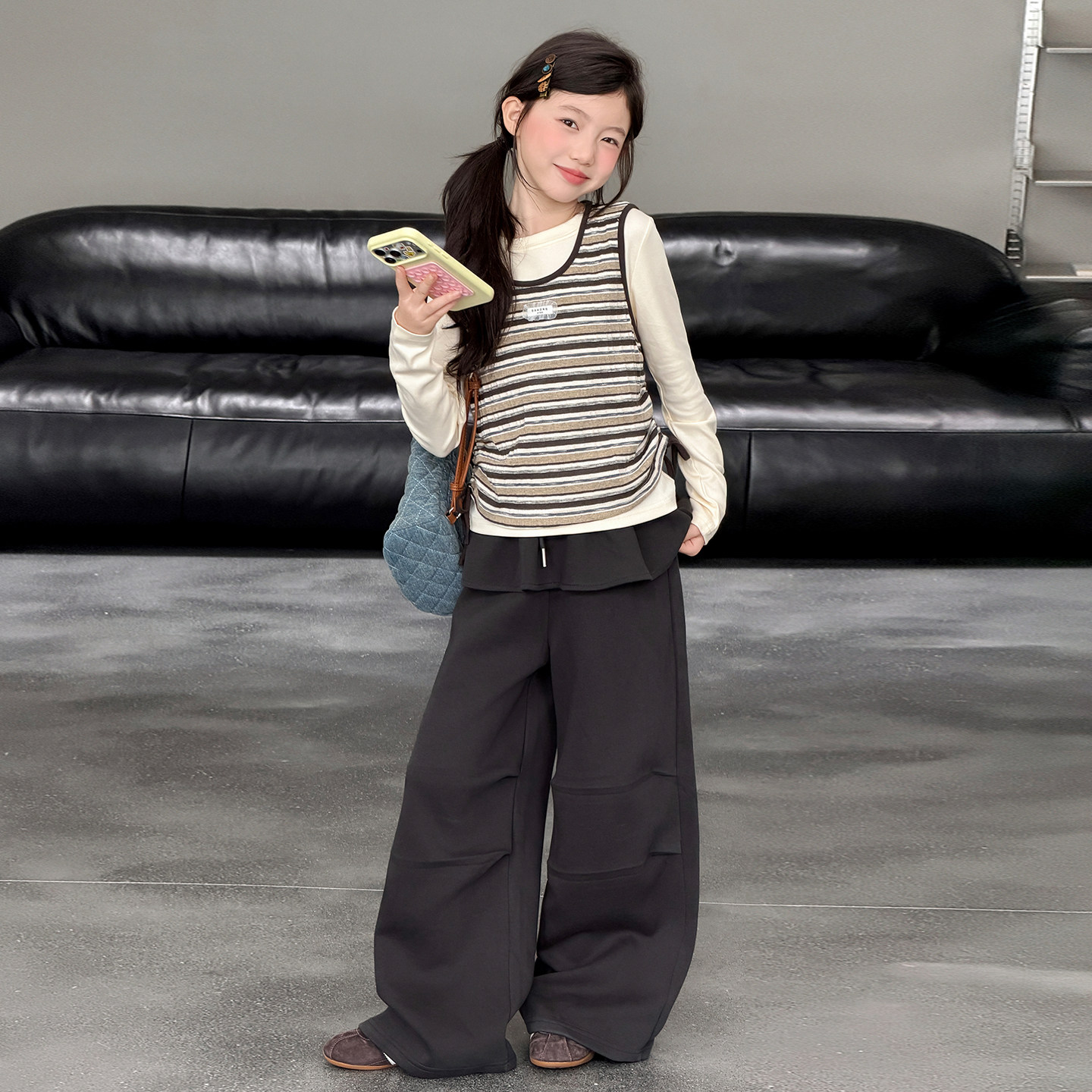 女童条纹背心打底衫阔腿裤三件套