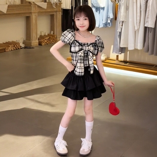 上衣蛋糕百褶半身裙甜美套装 女童夏季 子蝴蝶结泡泡袖 新款 学院风格