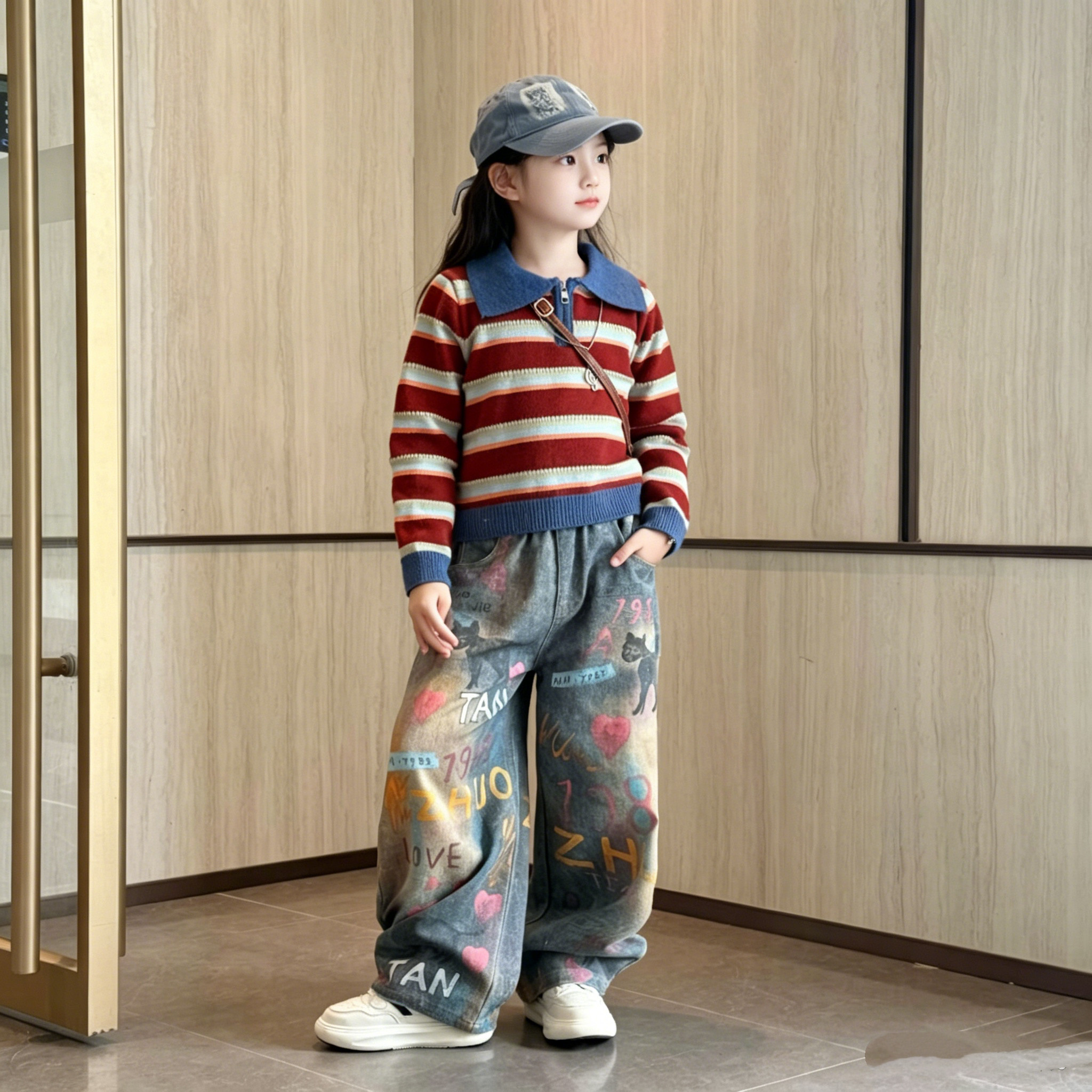 女童条纹半拉链毛衣牛仔裤套装