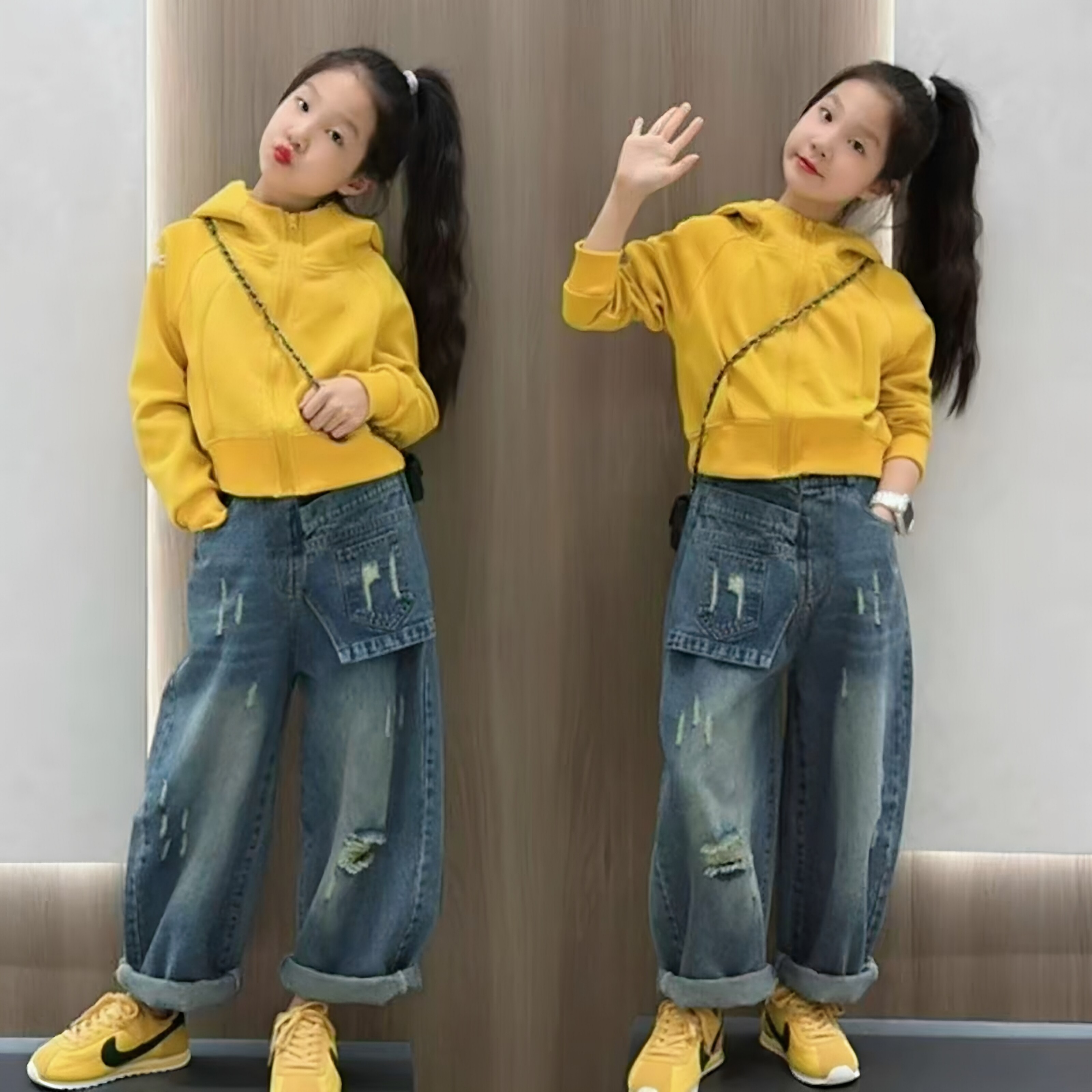女童休闲连帽开衫牛仔弯刀裤套装