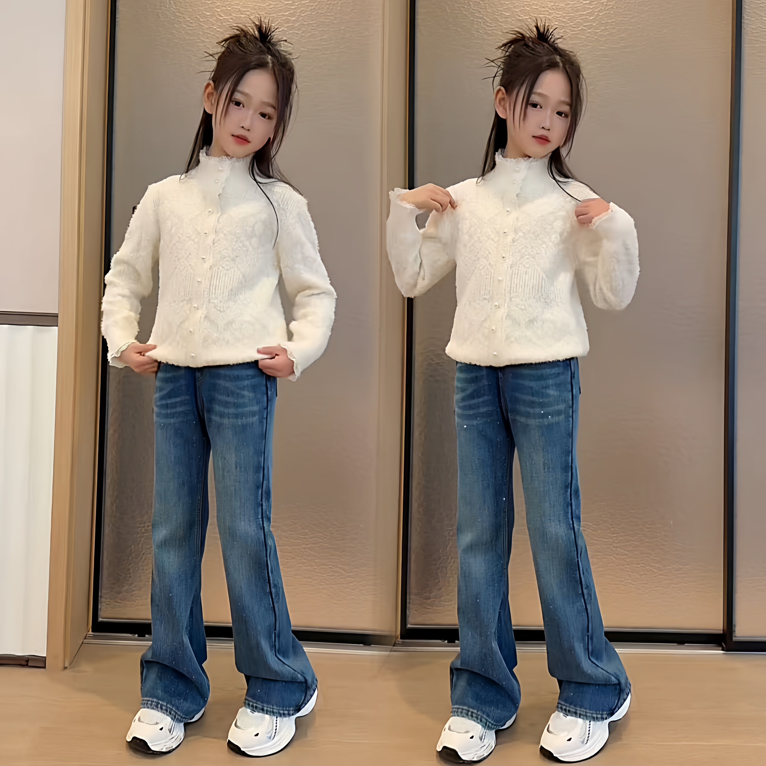 女童半高领花边毛衣喇叭裤套装