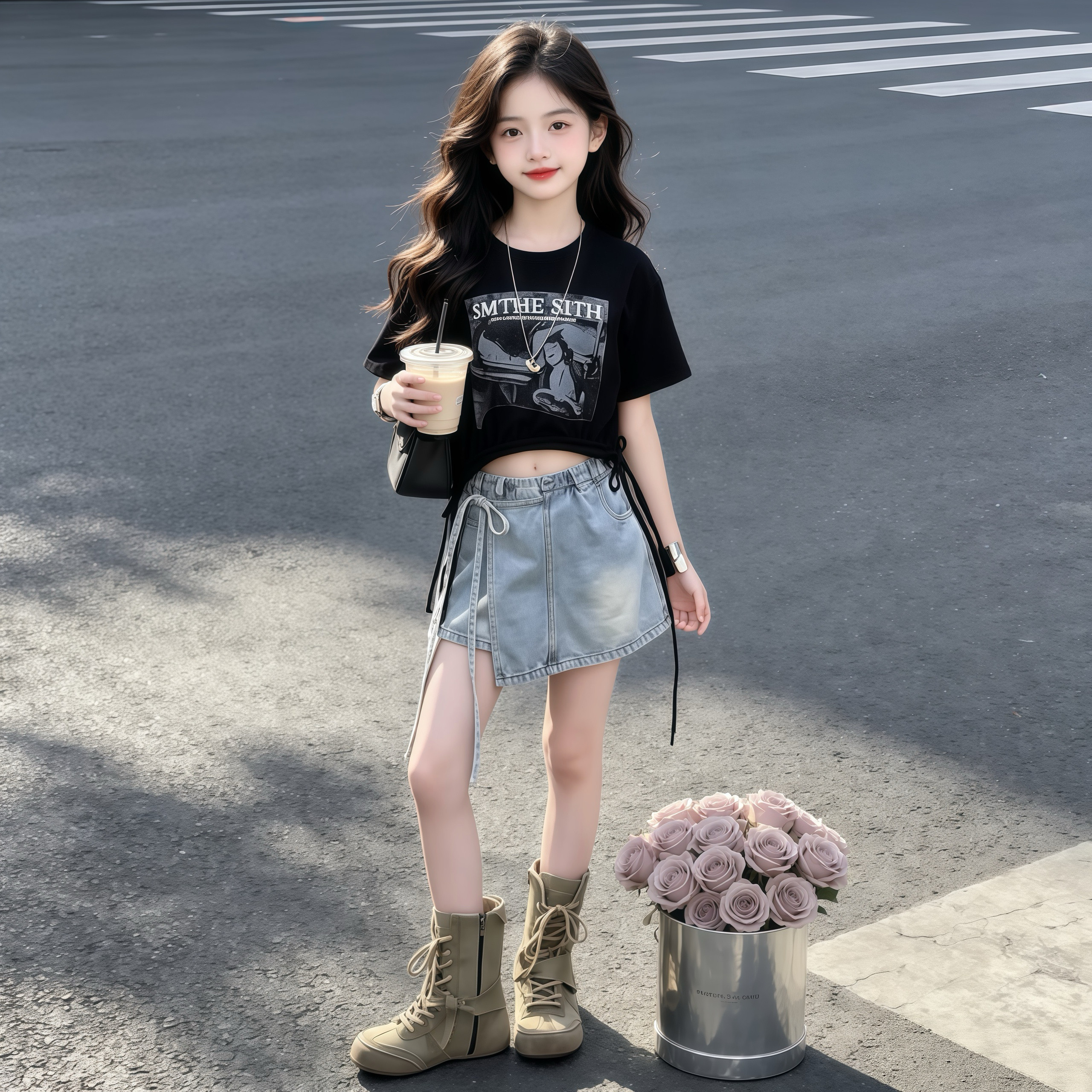 女童潮酷美式印花辣妹短款T恤设计感百搭假两件牛仔裙裤夏季套装