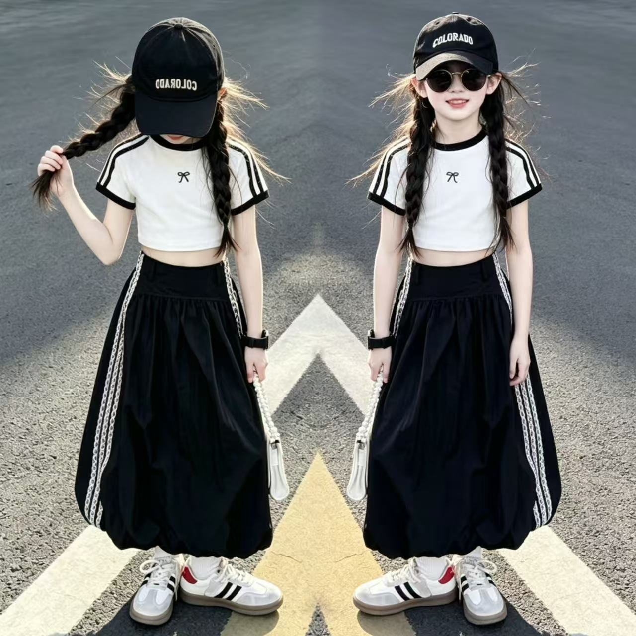 女童学院风修身T恤花边裙套装