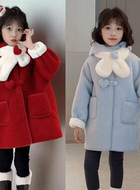 女童加绒中长款连帽呢大衣外套洋气红色新年高级感爱心盘扣拜年服