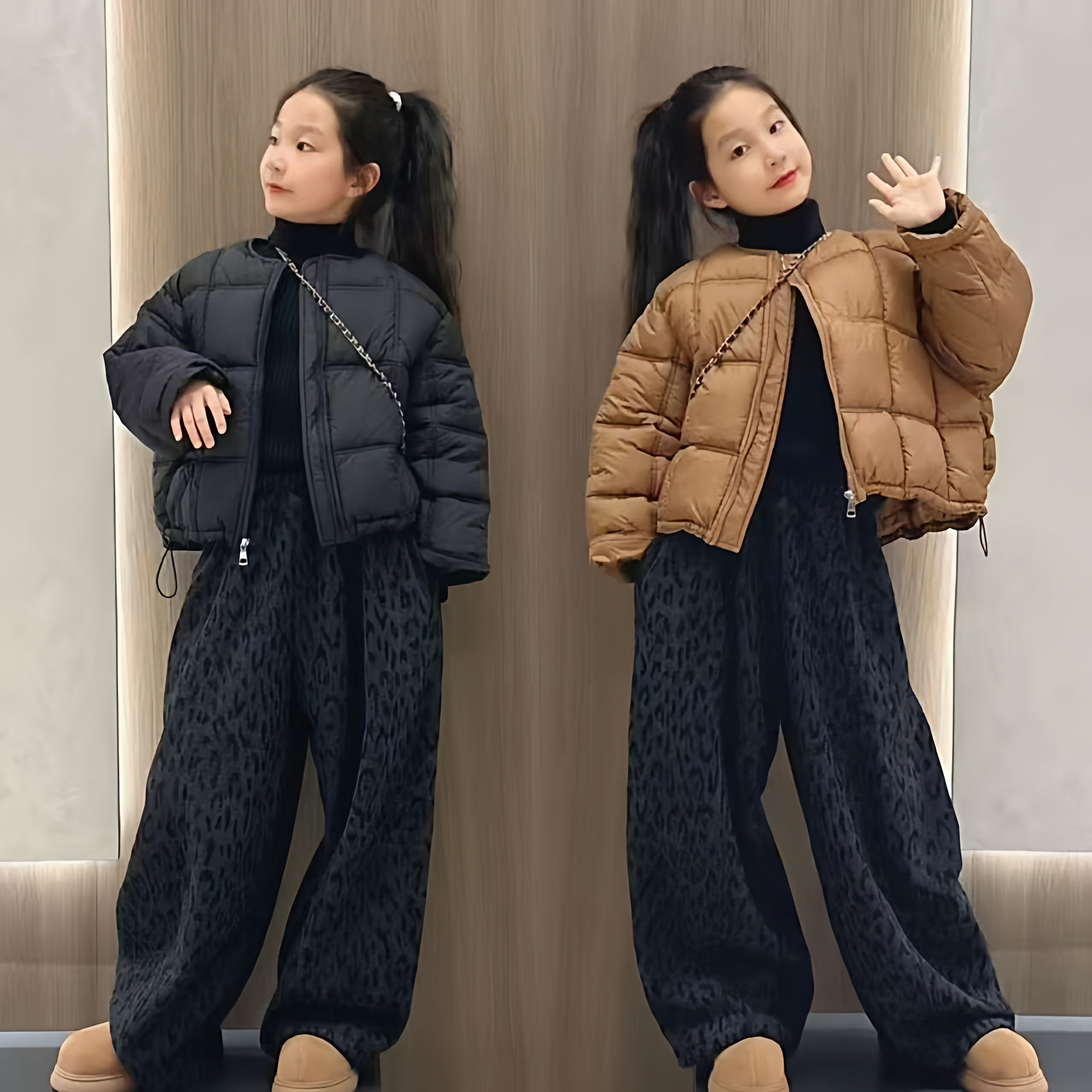 女童短款圆领羽绒棉面包服外套美式复古豹纹一体绒阔腿裤潮酷套装,童装/婴儿装/亲子装,套装,淘宝优惠券,粉丝福利购,淘宝优惠卷