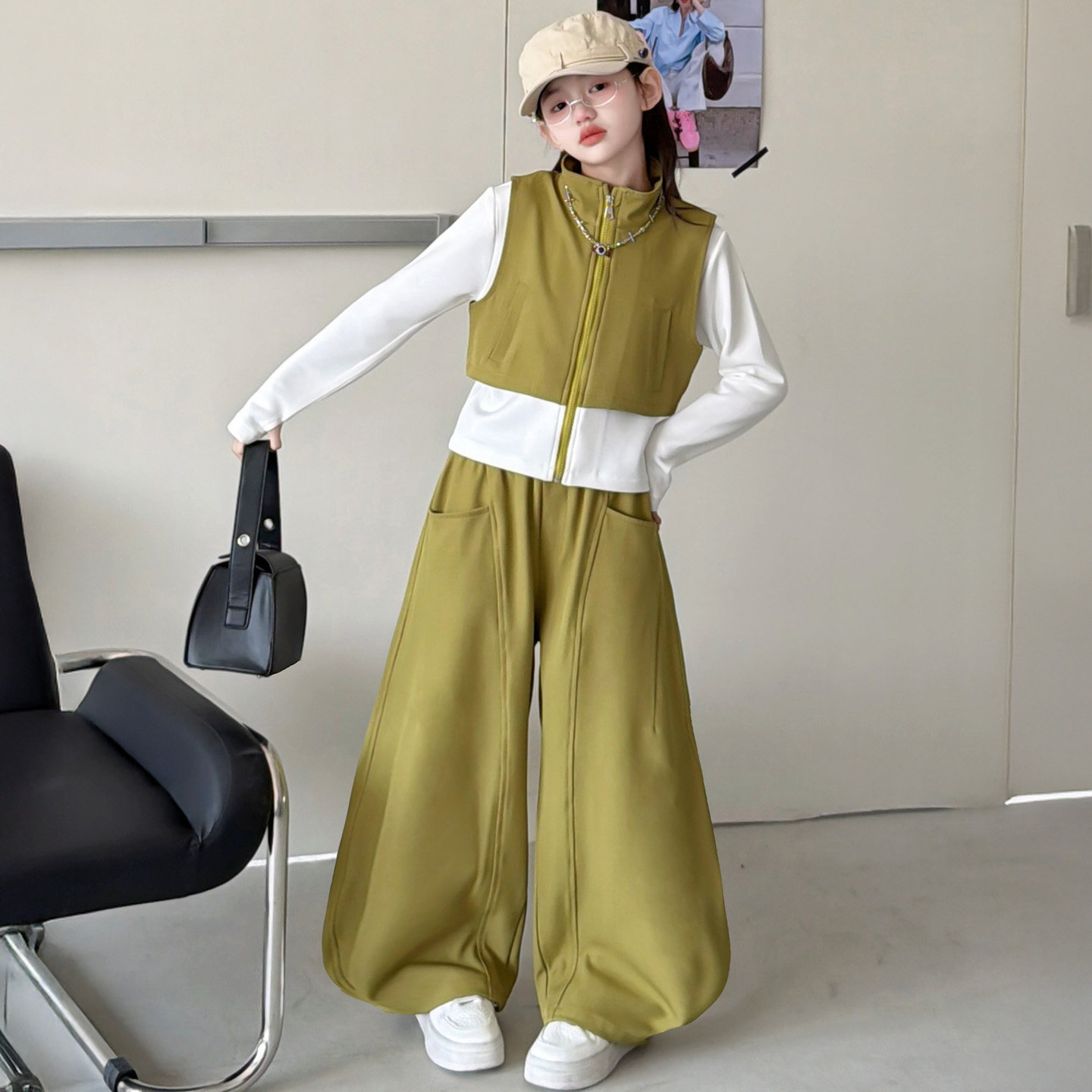 春季新款休闲女童假两件撞色拼接立领外套工装阔腿裤酷飒套装韩版