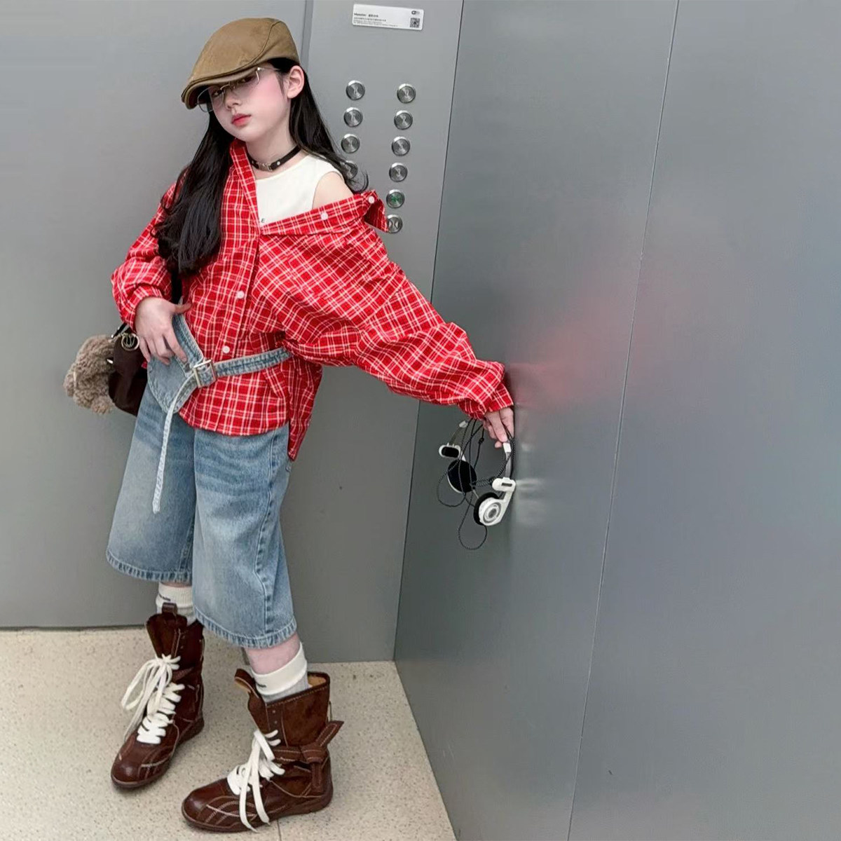 女童格子衬衫腰封牛仔五分裤套装