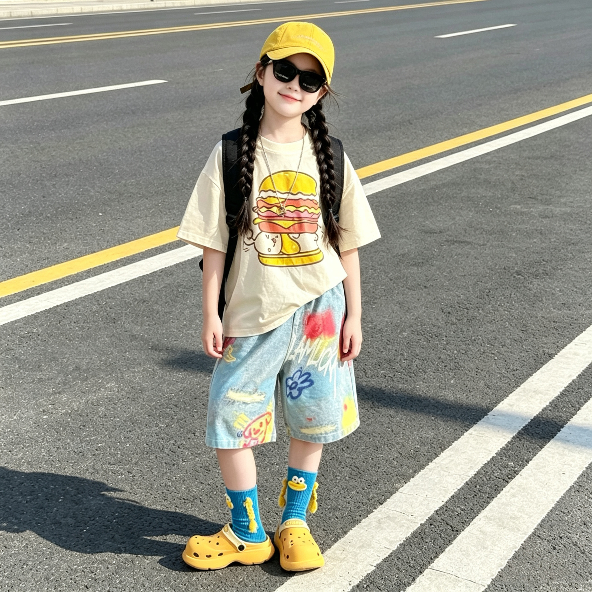 女童多巴胺涂鸦牛仔中裤T恤套装