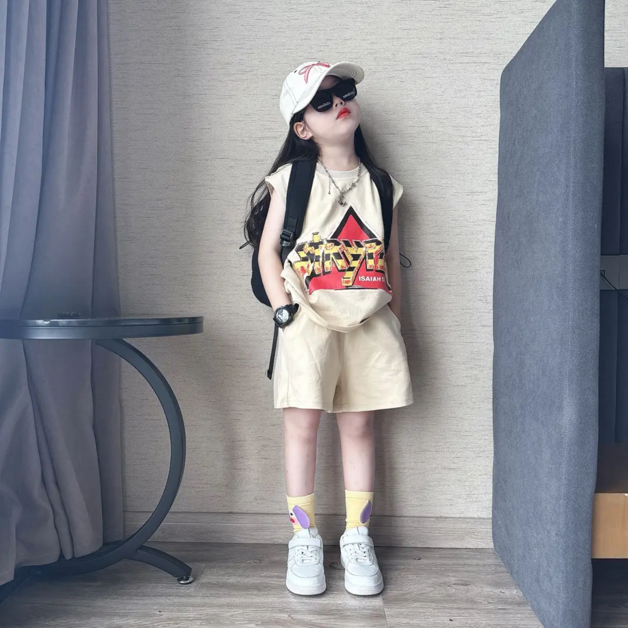 女童夏设计感时尚毛边美式印花字母无袖背心短裤运动风休闲套装潮
