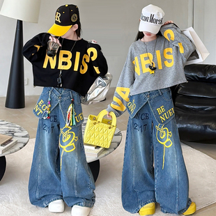 女童春季新款套装潮酷字母宽松卫衣个性设计感涂鸦牛仔裤炸街套装