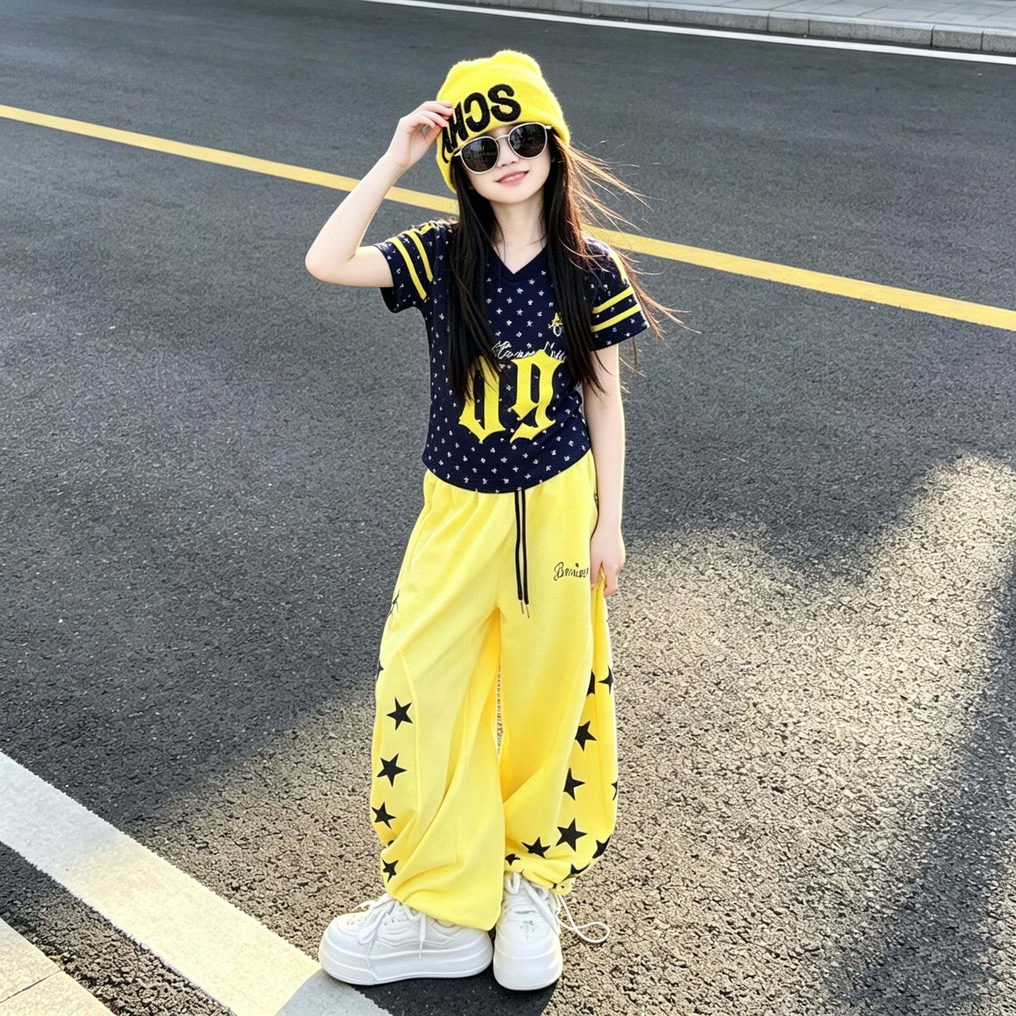 女童波点V领T恤弯刀卫裤两件套潮