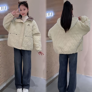 女童韩系绗线短款连帽棉服2025冬季新款大童女孩休闲夹棉棉衣外套