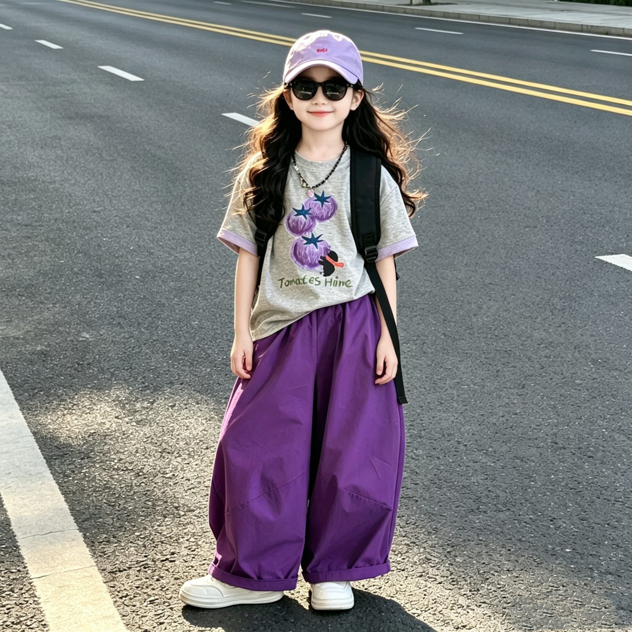 女童时尚印花短袖灯笼九分裤